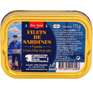Boite de filets de sardines piquante piment Jean Burel Marin de Concarneau JB Océane