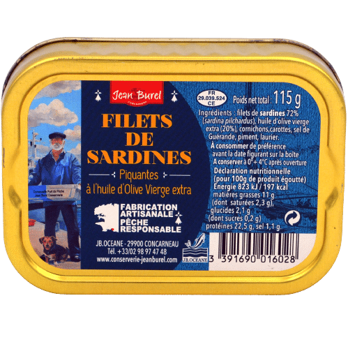 Lata de filetes de sardinha picantes Jean Burel Marin de Concarneau JB Océane