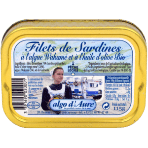 Can of Algo d'Aure JB Océane organic sardine fillets with wakame seaweed