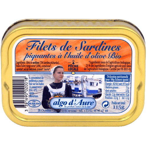 Tin of Algo d'Aure JB Océane organic spicy sardine fillets